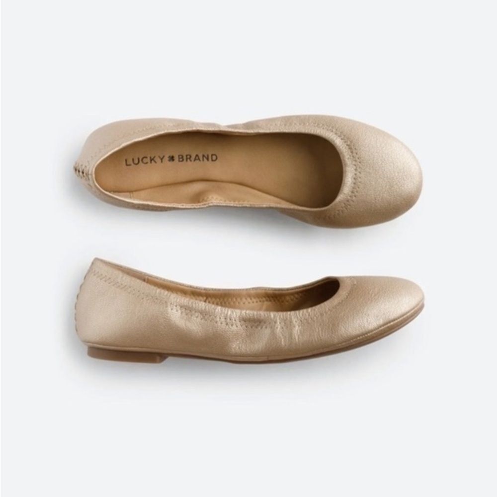 Lucky Brand Brushed Gold Ballet Flats Leather Casual Office Comfy Staple SZ 7